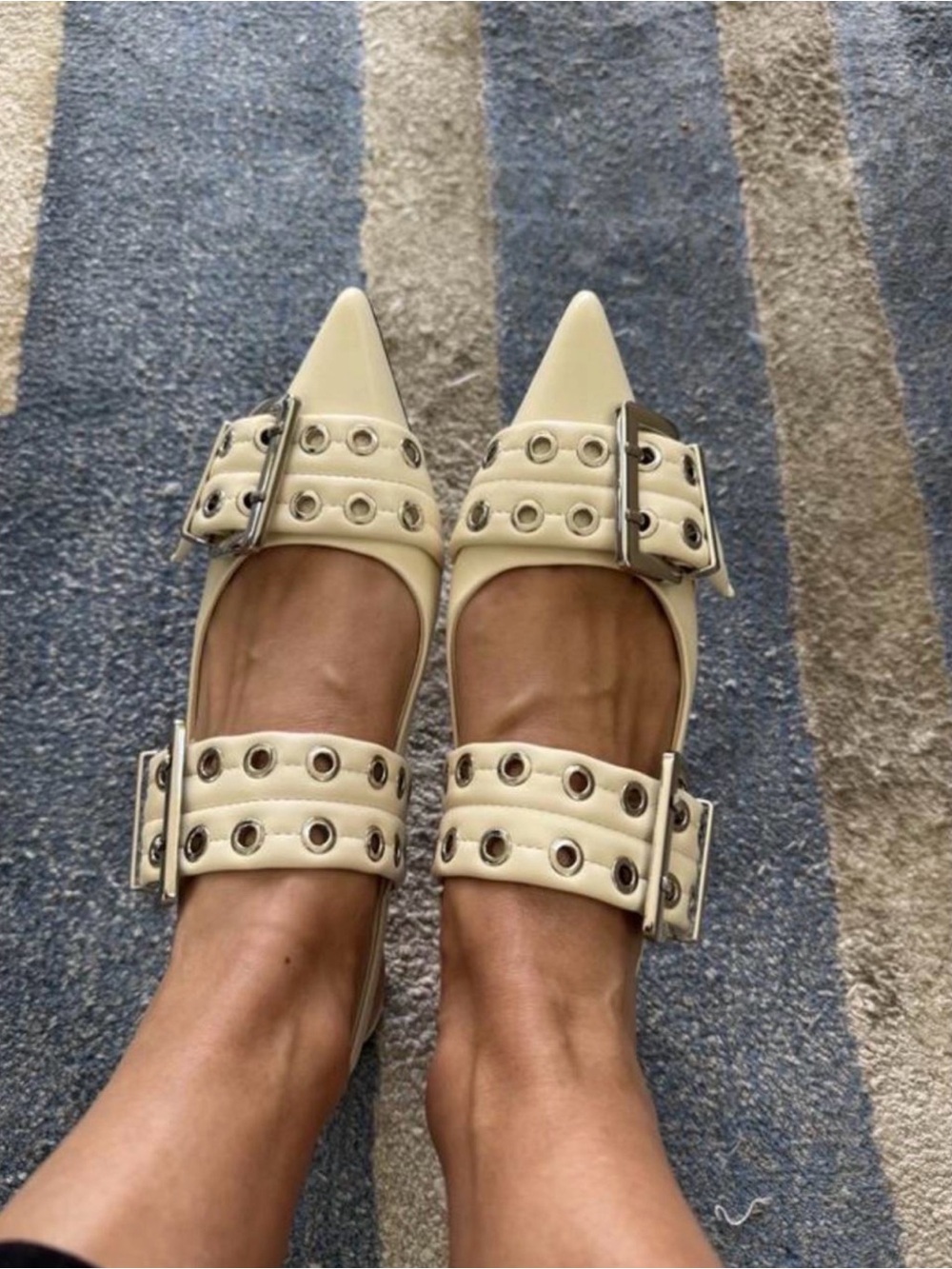 Jeffrey Campbell Ivory Pointed Buckle Flats with Grommets